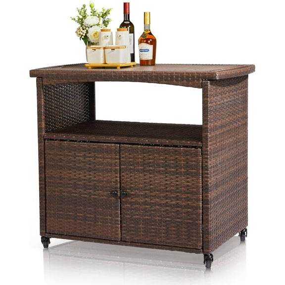 TYJDFN Patio Bar Table, Weatherproof Buffet Cabinet Wicker Outdoor Storage Cart with 2 Doors & Shelves Wooden Tabletop for Tableware Wine Bottle and Glass, Towels, and Potting Supplies