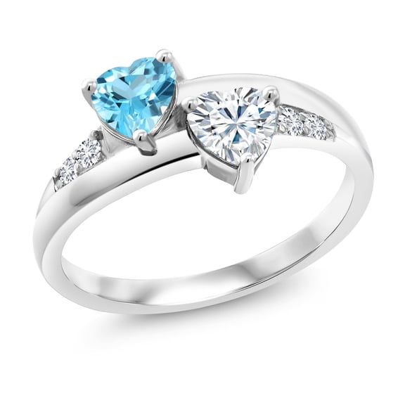 Gem Stone King 925 Sterling Silver Solitaire Ring Heart Shape Swiss Blue Topaz and Moissanite (1.05 Cttw, Size 9)
