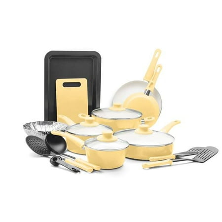 

18-Piece Soft Grip Toxin-Free Healthy Ceramic Non-Stick Cookware Set Yellow Dishwasher Safe