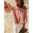 thumbnail image 6 of Niusricy Women Solid Basic Ruffled Blouse Ladies Elegant Off-Shoulder Boat Neck Shirts Half Puffy Sleeves Tunic Tee Loose Flowy Fit Tops Fashion Casua Streetwear for Shopping Holiday Leisure, 6 of 7