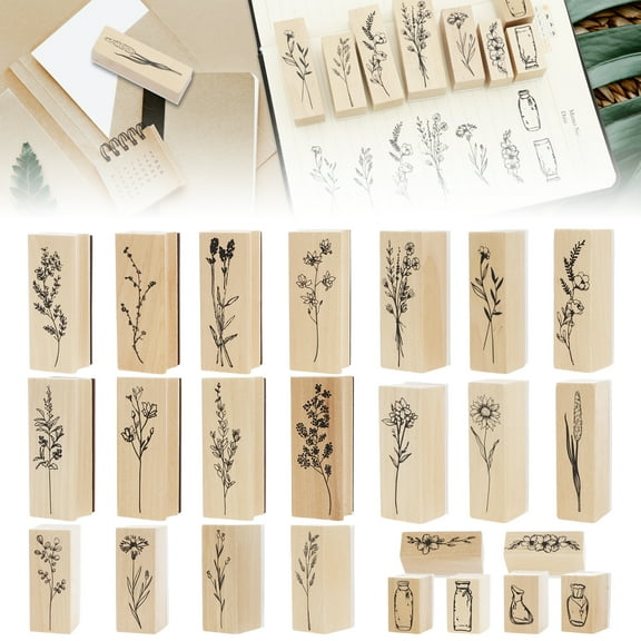 Tcwhniev 24 Pcs Wooden Rubber Stamps for Crafting Decorative Stamp Set for DIY Crafting Scrapbook Painting Letters Diary Teaching and Card Making