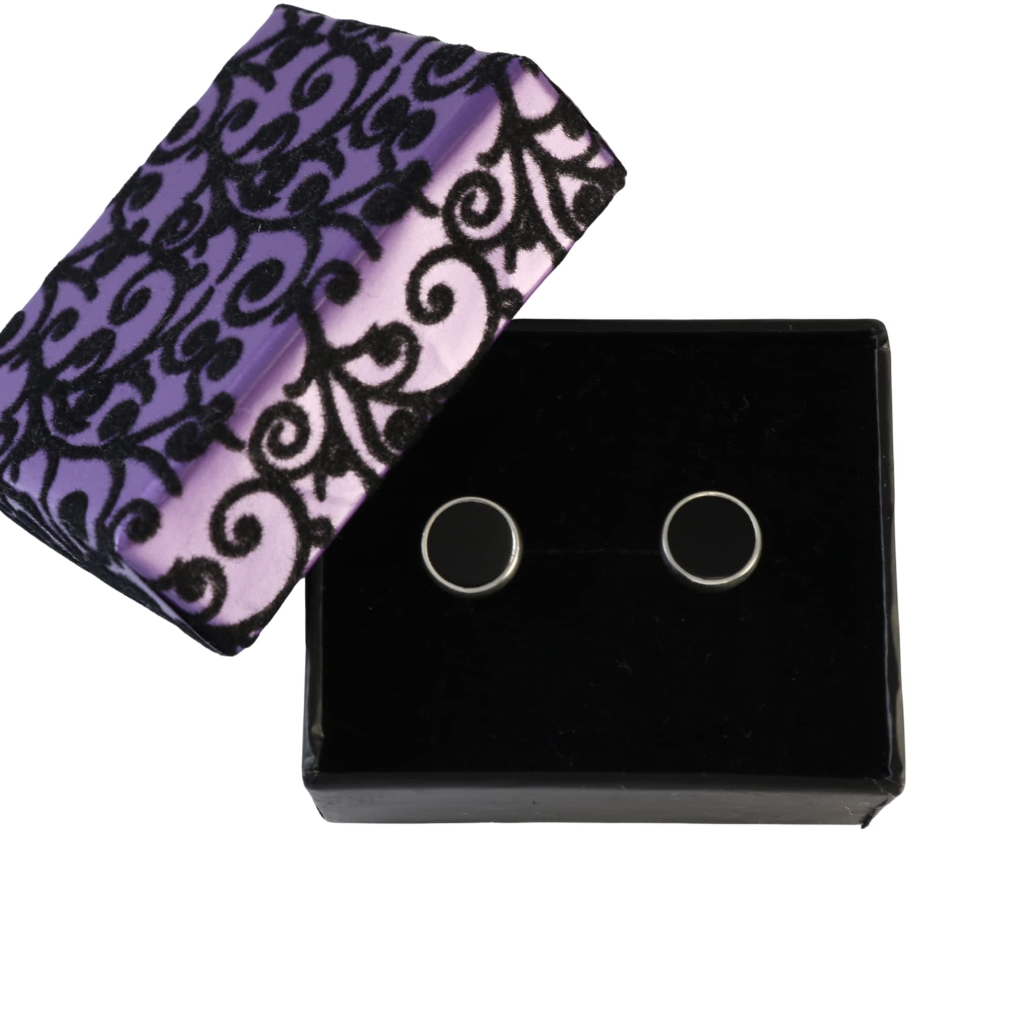 Echmeck Solid 925 Sterling Silver Black Flat Onyx Handmade Stud Earrings for Women Men - 9mm