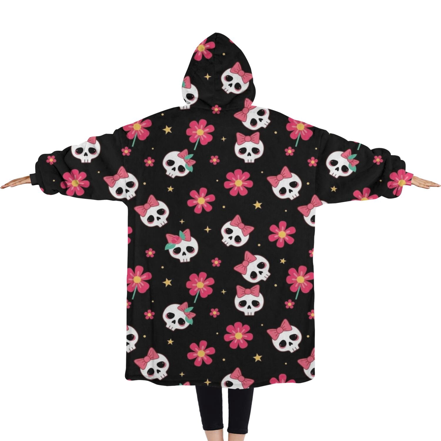 Oversized Wearable Blanket Hoodie,Black Skull Flower Bow Pattern Sherpa Blanket Hoodie with Super Pockets,Super Warm Fuzzy Pullover for Women & Men