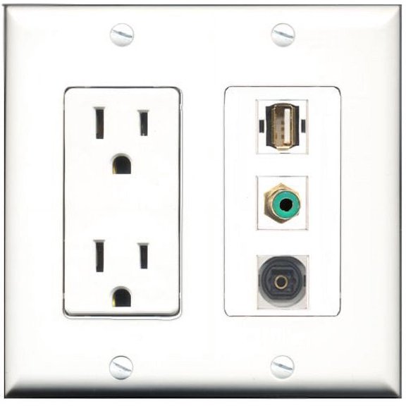 RiteAV - 15 Amp Power Outlet 1 Port RCA Green 1 Port USB A-A 1 Port Toslink Decorative Wall Plate