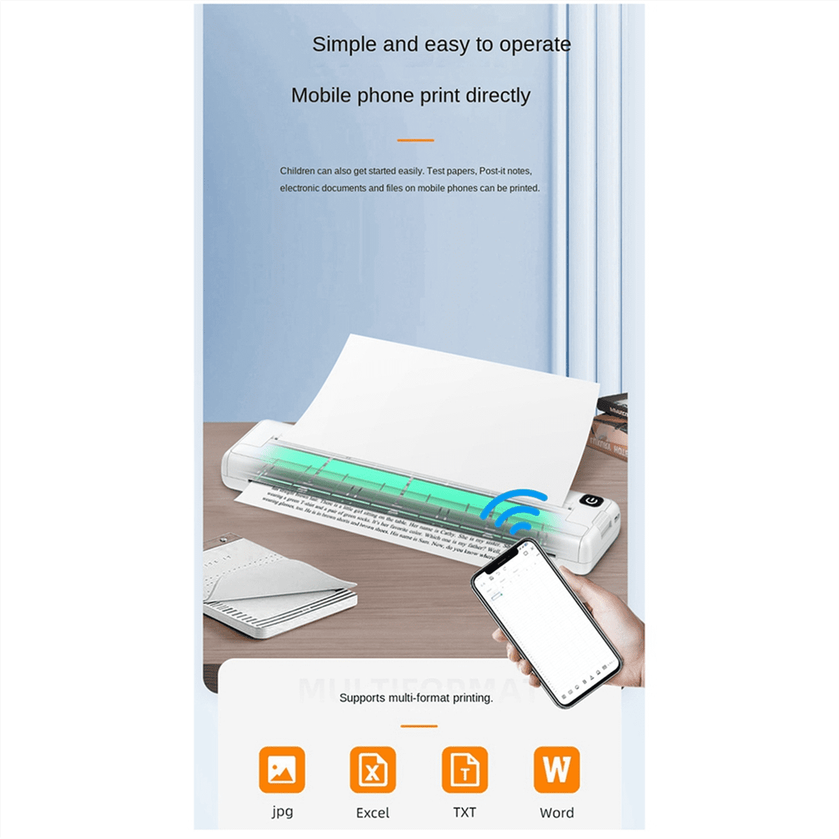 Printer Inkless Portable A4 Thermal Printer Portable Home Office Bluetooth Wireless Handheld Printer
