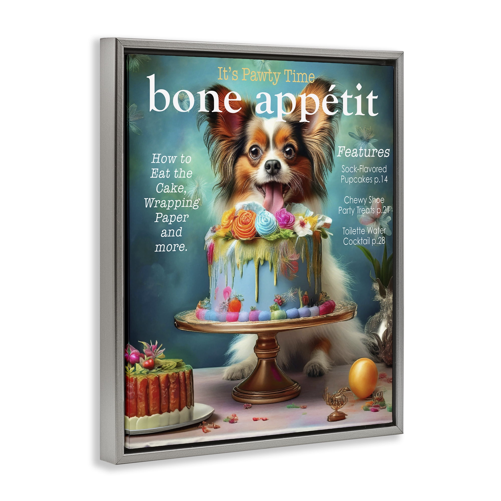 Stupell Industries Bone Appetit Dog Magazine Parody Gray Framed Floater Canvas Wall Art, design by Grotto Studios