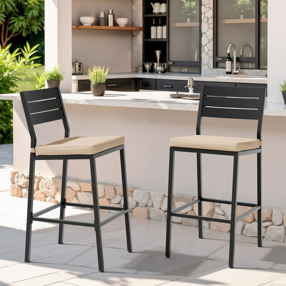 Pellebant Set of 2 Outdoor Swivel Bar Stools Aluminum Weatherproof Beige Patio Chairs