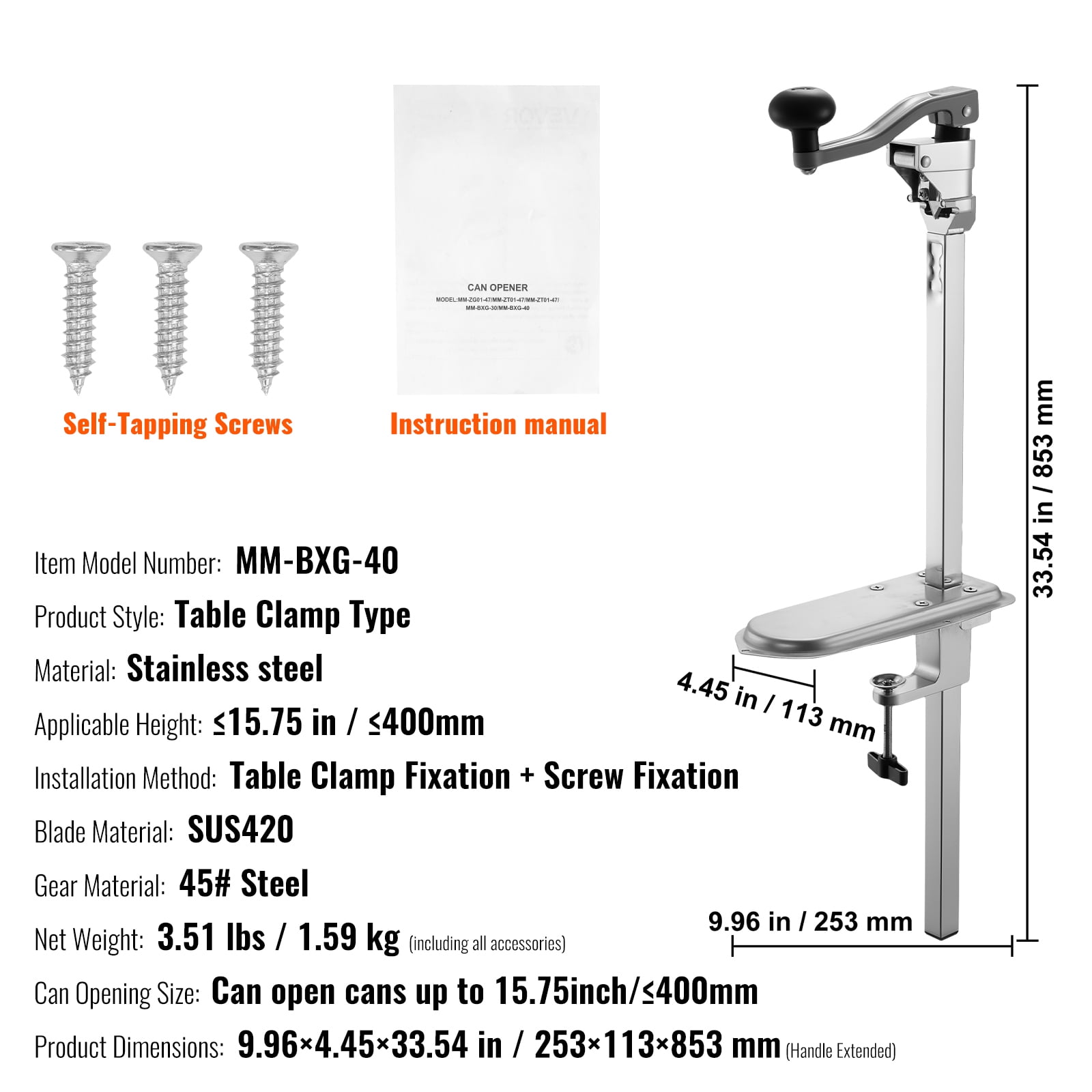 KFFKFF Commercial Manual Can Opener,Heavy-Duty Tabletop Tool for Cans Up to 15.75 Inches Tall,Adjustable Height with Screw and Clamp Mounting, Ideal for Restaurants, Hotels, and Food Service Settings