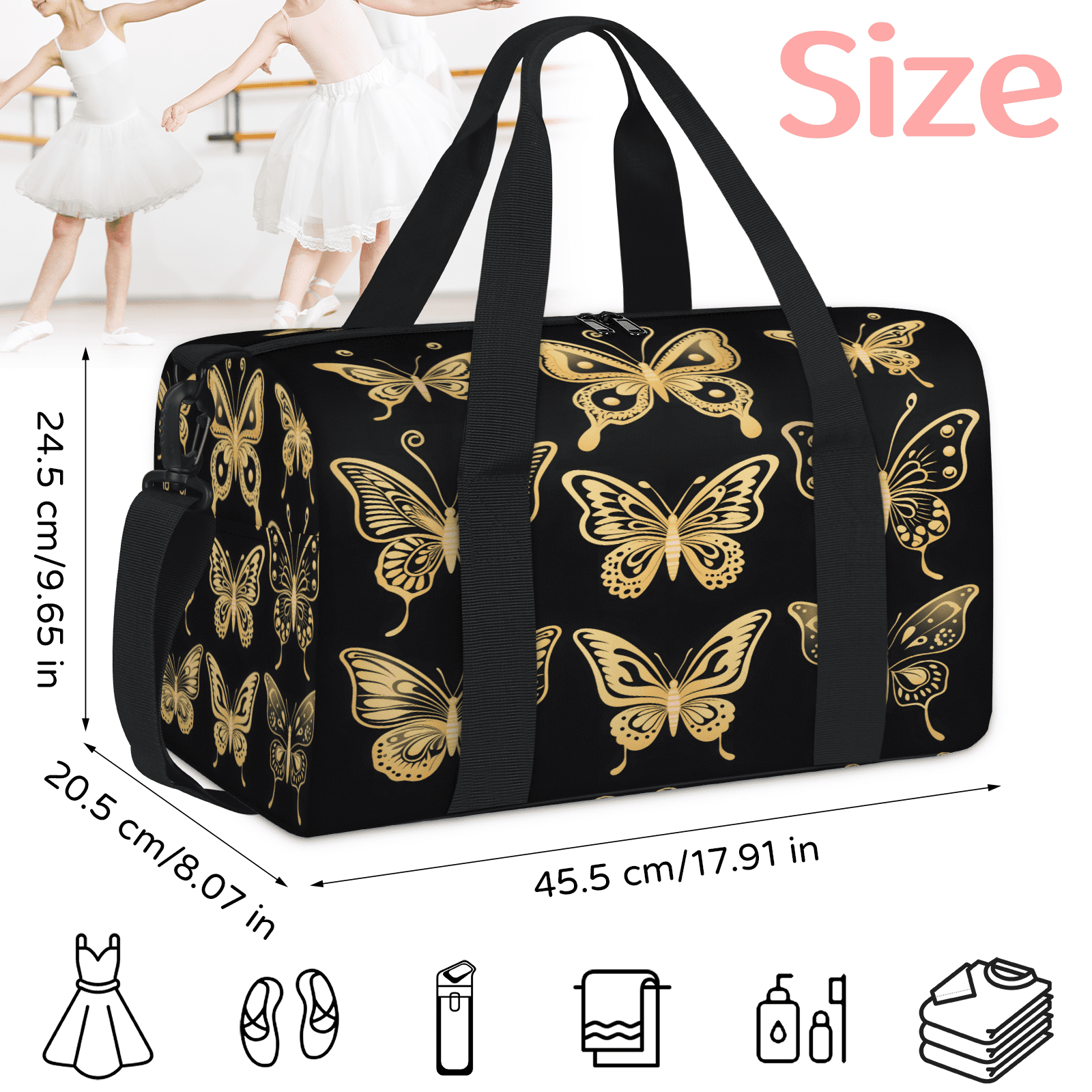Herdesigns Gold Butterfly Travel Duffle Bag Sports Yoga Weekender Overnight Carry on Workout Bags Lightweight Waterproof Gym Tote Bag for Women