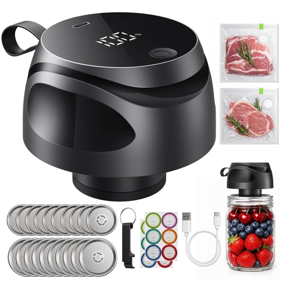 Electric Mason Jar Vacuum Sealer Kit, Automatic Cordless Jar Sealer for Wide & Regular Mouth Jars, USB Rechargeable, LED Display for Canning and Food Storage, Includes 20 Lids, 12 Labels, Black