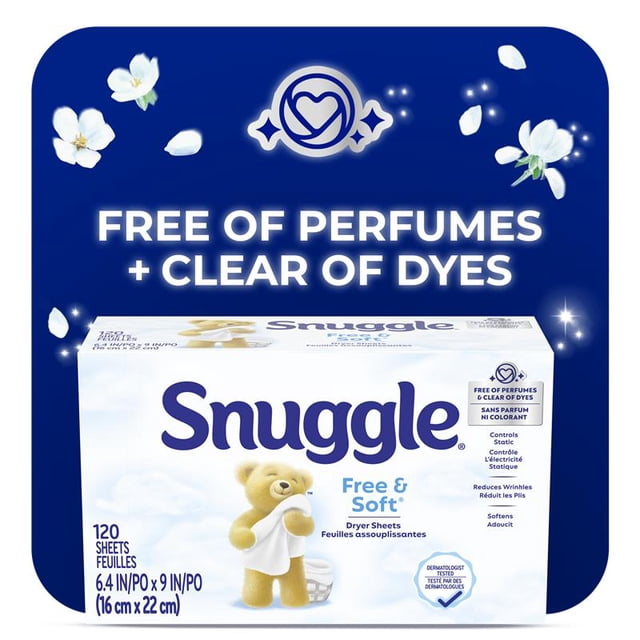 Snuggle Free and Soft Hypoallergenic Dryer Sheets box with 120 sheets measuring 6.4 by 9 inches (16 cm by 22 cm), featuring a beige teddy bear holding a white cloth, labeled free of perfumes and clear of dyes, controls static, reduces wrinkles, softens fabric, and dermatologist tested, on a blue background with white flower petals.