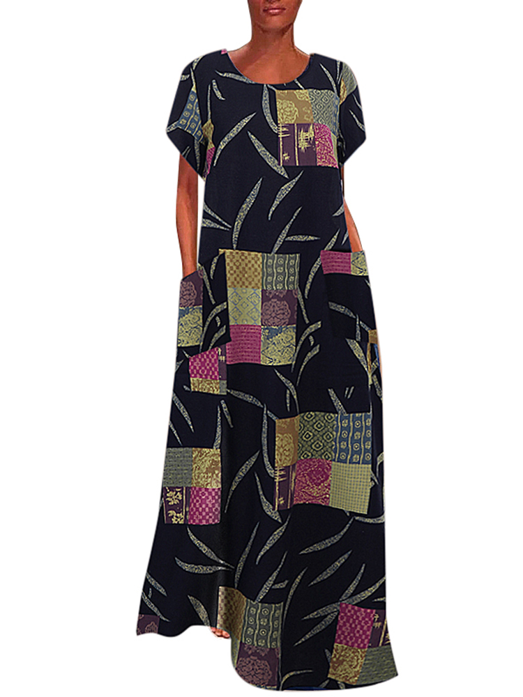 VONDA Women's Maxi Dress Checked Print Short Sleeve O Neck Casual Loose