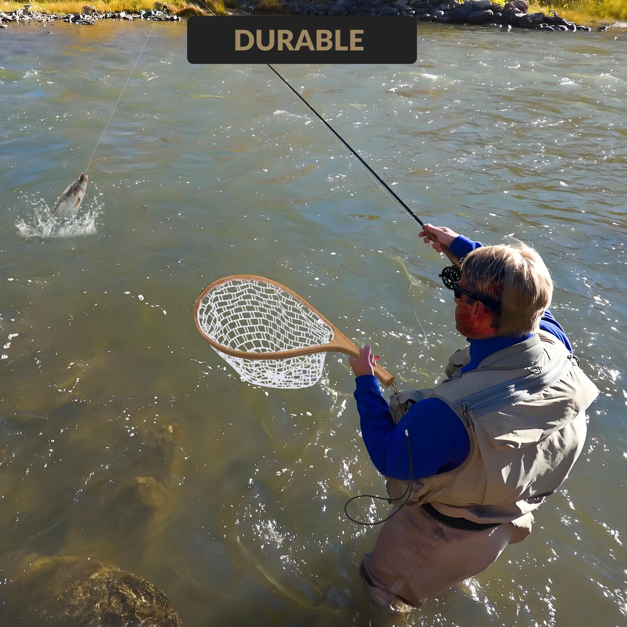 Fly Fishing Net Trout Net, Wooden Frame Landing Net with Soft Rubber Mesh for Catch and Release (Clear Small Holes)