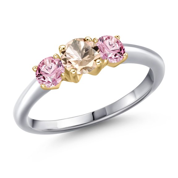 Gem Stone King 10K Two Tone Gold Peach Morganite and Pink Lab Grown Diamond Engagement Ring for Women | 0.90 Cttw | Round 5MM | Gemstone October Birthstone | Size 5