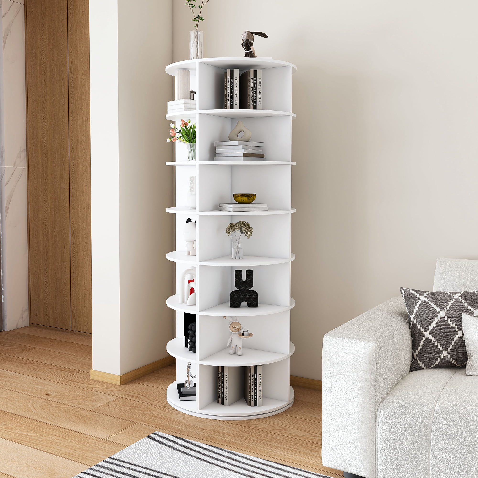 Display Shelves Rotating Shoe Rack Tower, 7-Tier Spinning Storage Rack, Free Standing 360° Revolving Shoe Organizer, Holds 28 Pairs of Shoes (7-Tier,White),Shelving Units