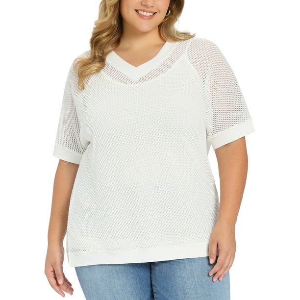 GRACE & GRANDEUR Blusas de Verano para Mujeres Talla Grande con Crochet, Abertura Lateral, Manga Corta, Cuello en V, Tejido Waffle Casual 3X Blanco