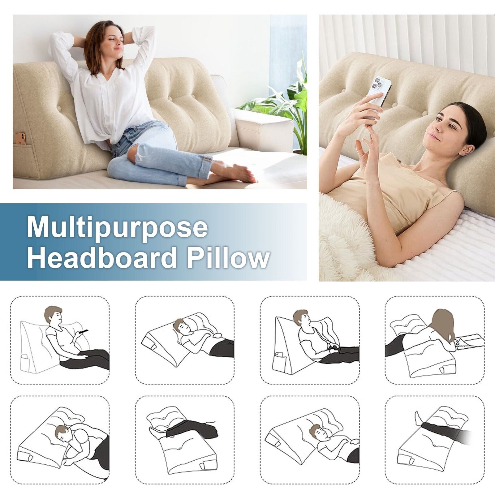 TOPCHANCES Large Bed Wedge Pillow, Headboard Triangular Backrest Reading Pillow with a Side Pocket(Apricot, 59 x 7.8 x 20 inch)