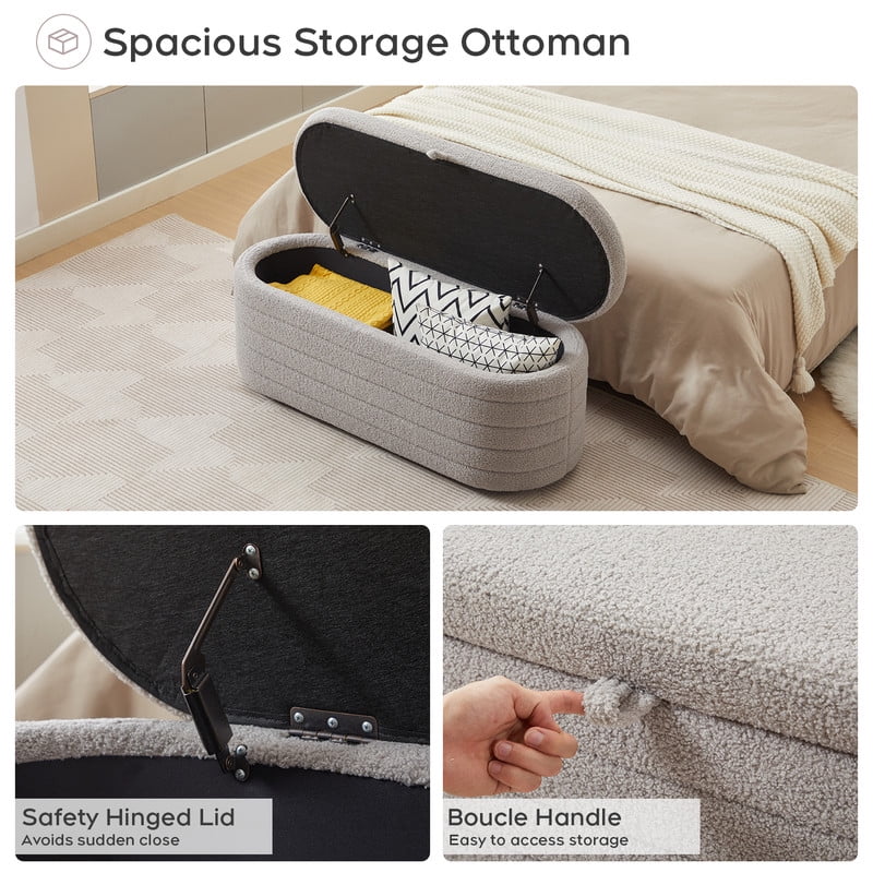 Comfort Stretch 45x16.5 Inch Gray Teddy Storage Ottoman Bench,Oval Footrest with Anti-Slip Legs