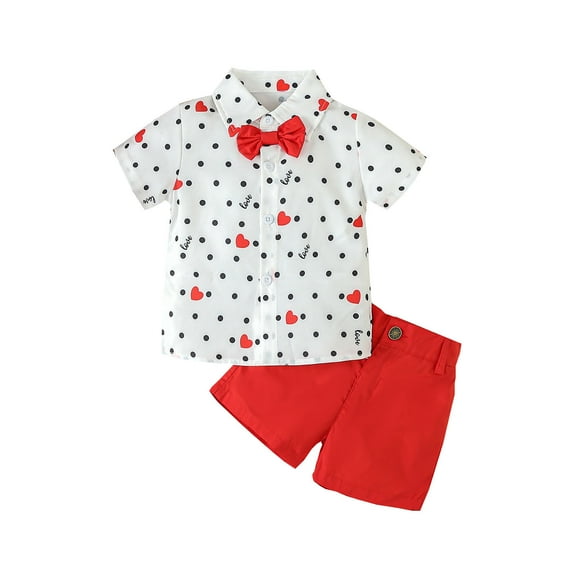 HNMKIU Boys Outfits&Set | Toddler Boys Valentine's Day Short Sleeve Hearts Printed T Shirt Tops Shorts Gentleman Kids Outfits Red,2-3 Years