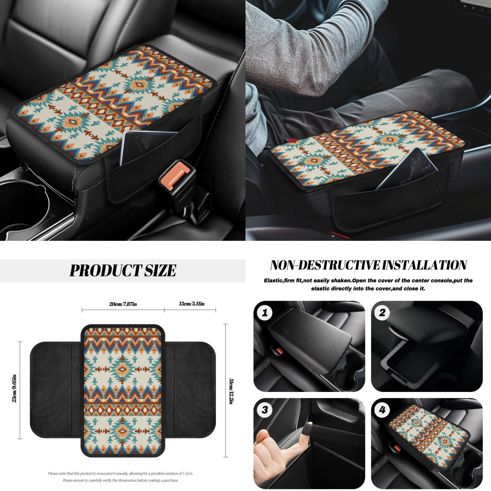 Yuyamidu Aztec African Tribal Car Seat Covers Full Set with Steering Wheel Cover Seat Belt Pads Armrest Cover Handbrake Cover Set Trash Bag Auto Rear View Mirror Covers Cup Holders
