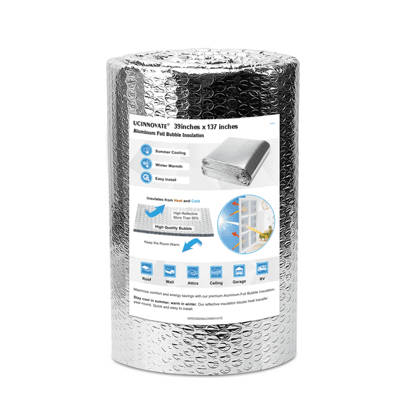 UCINNOVATE Bubble Reflective Insulation Roll, 39'' x 137'' Double Side Foil Thermal Insulation Sheet for Winter, Windows Aluminum Radiant Barrier for Summer Heat, Insulation Wrap for RV, Roof, Ducts