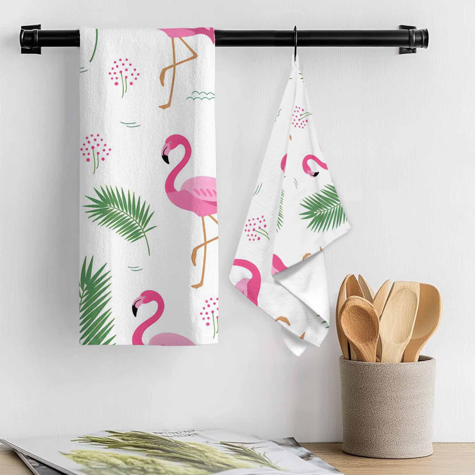 Pink Flamingos Kitchen Towel Dish Cloths Set of 2, Microfiber Soft Kitchen Hand Towels, Summer Green Tropical Palm Leaves Absorbent Quick Drying Dishcloths 18 x 28 Inches