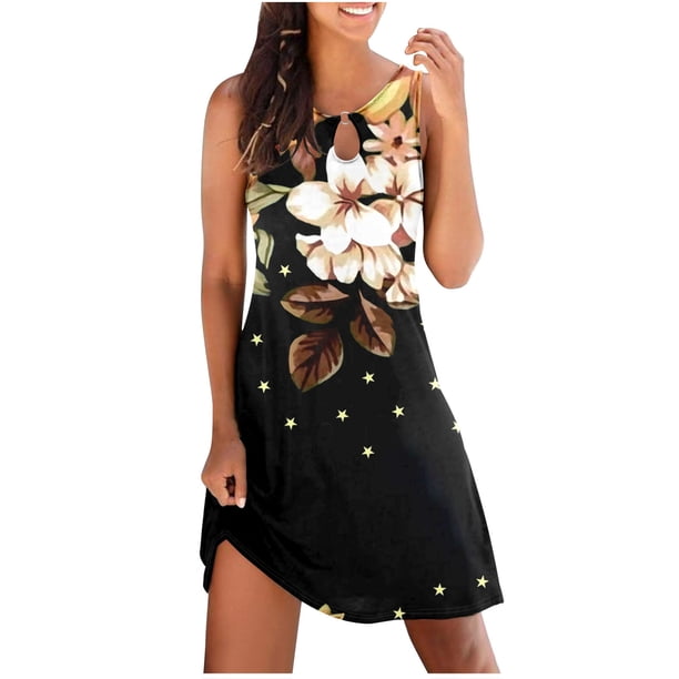 Vestido sin Mangas para Mujeres Vestido de Verano de Cuello Redondo Impreso, Poliéster de Tamaño Verdadero Diario Y Vestido de Fiesta