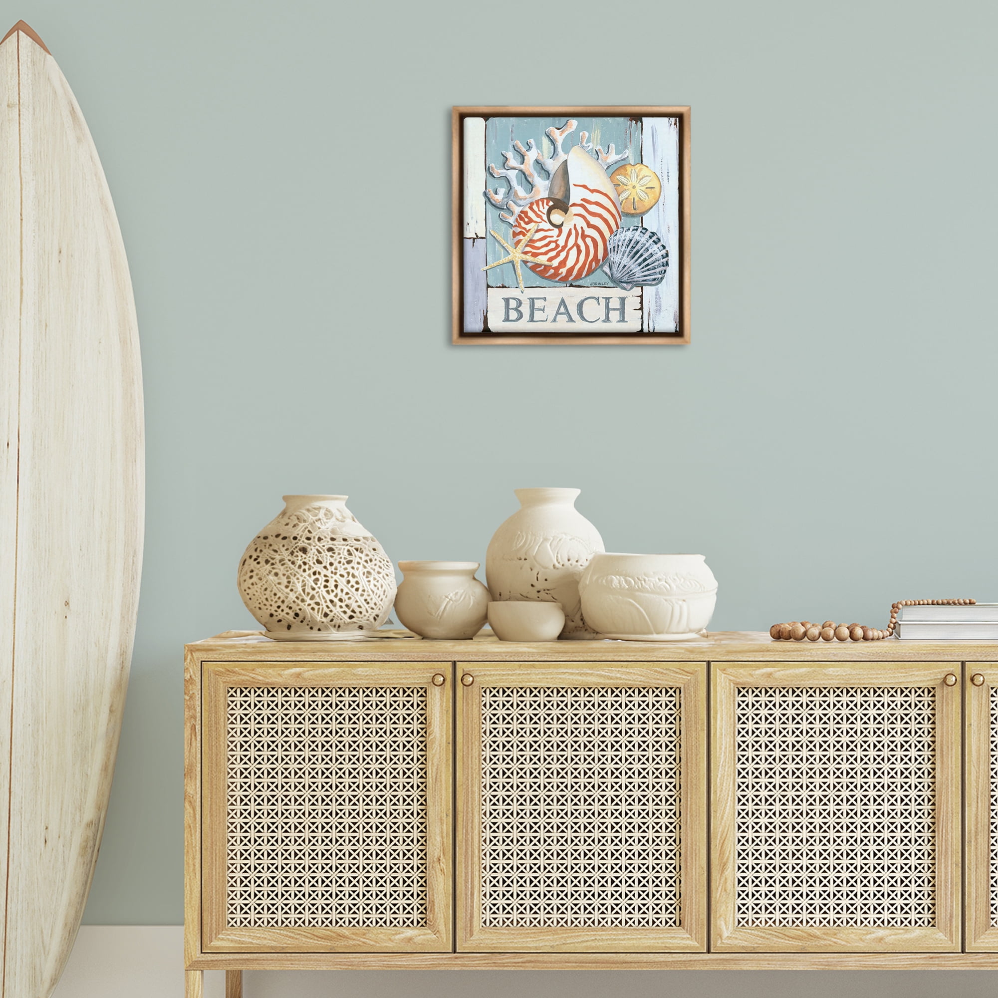 Stupell Industries Distressed Beach Shells Nautical & Beach Painting Brown Floater Framed Canvas Art Print Wall Art, 18 x 18