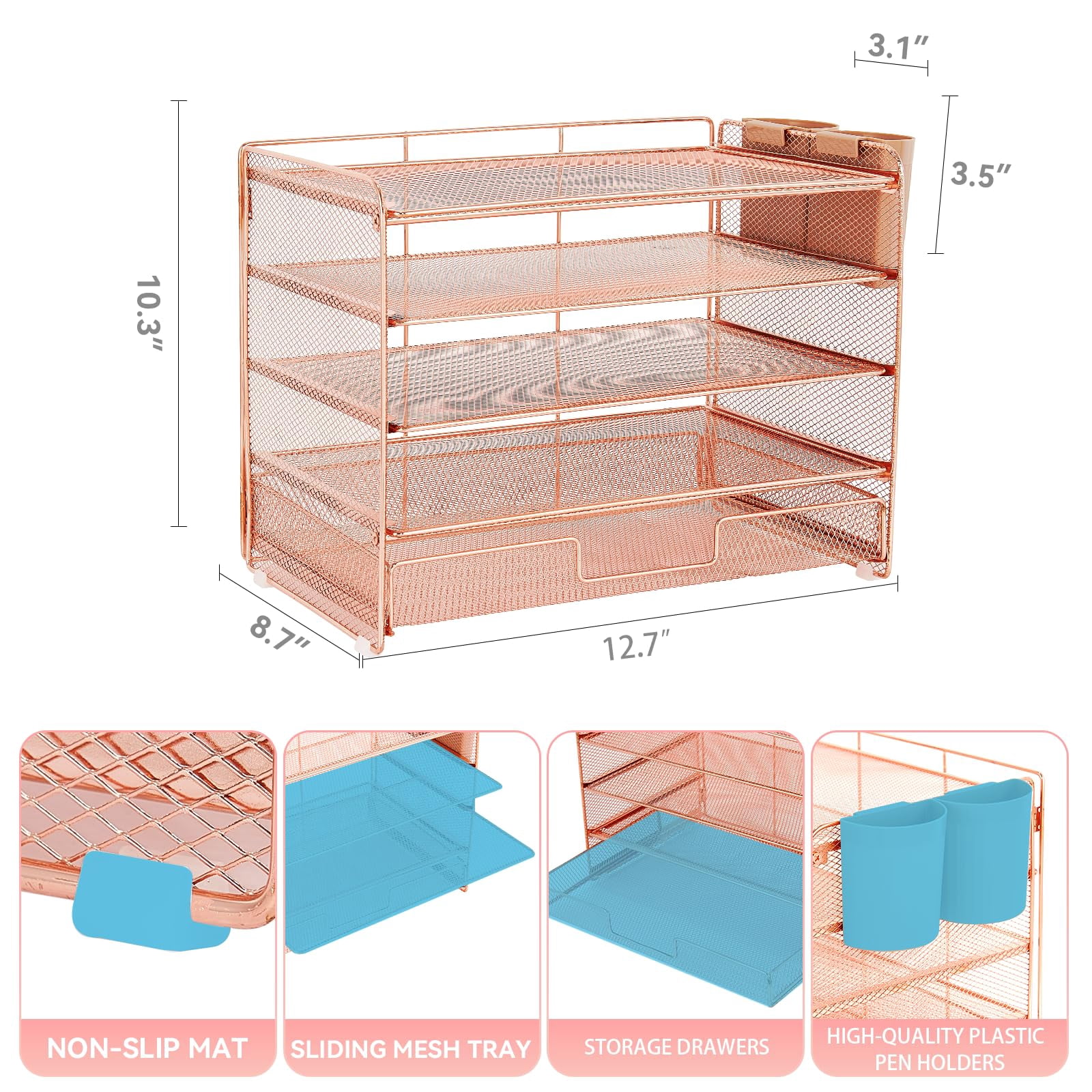 Desk Organizer And Accessories  5-tier Paper Letter Tray With Drawer & 2 Pen Holders For Desktop File Organization Office Supplies Storage (rose Gold)