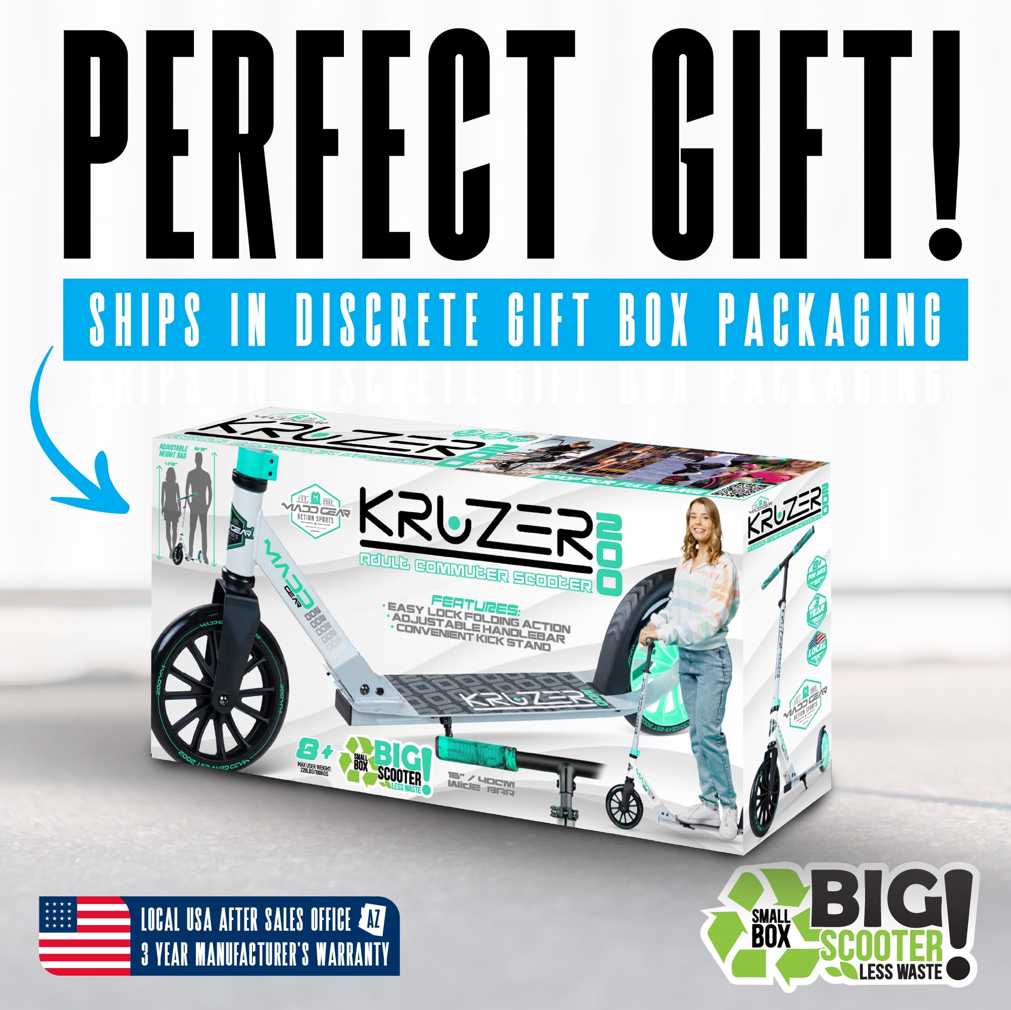 Large Folding Kick Scooter for Adults and Teens – Adjustable Handlebar – Big 200mm Wheels – Lightweight Durable Frame – Madd Gear Kruzer 200