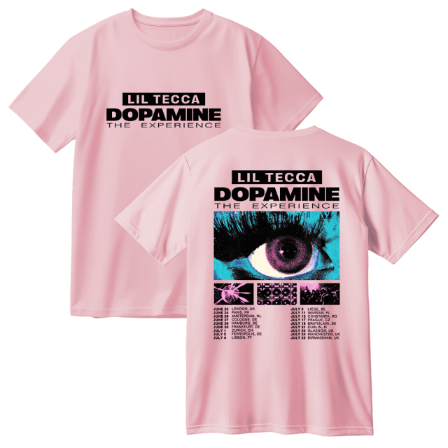 Tee-Shirt en Coton Lil Tecca Dopamine Tour – Unisexe Col Rond Mode Urbaine Manches Courtes Tendance, Rose, TP