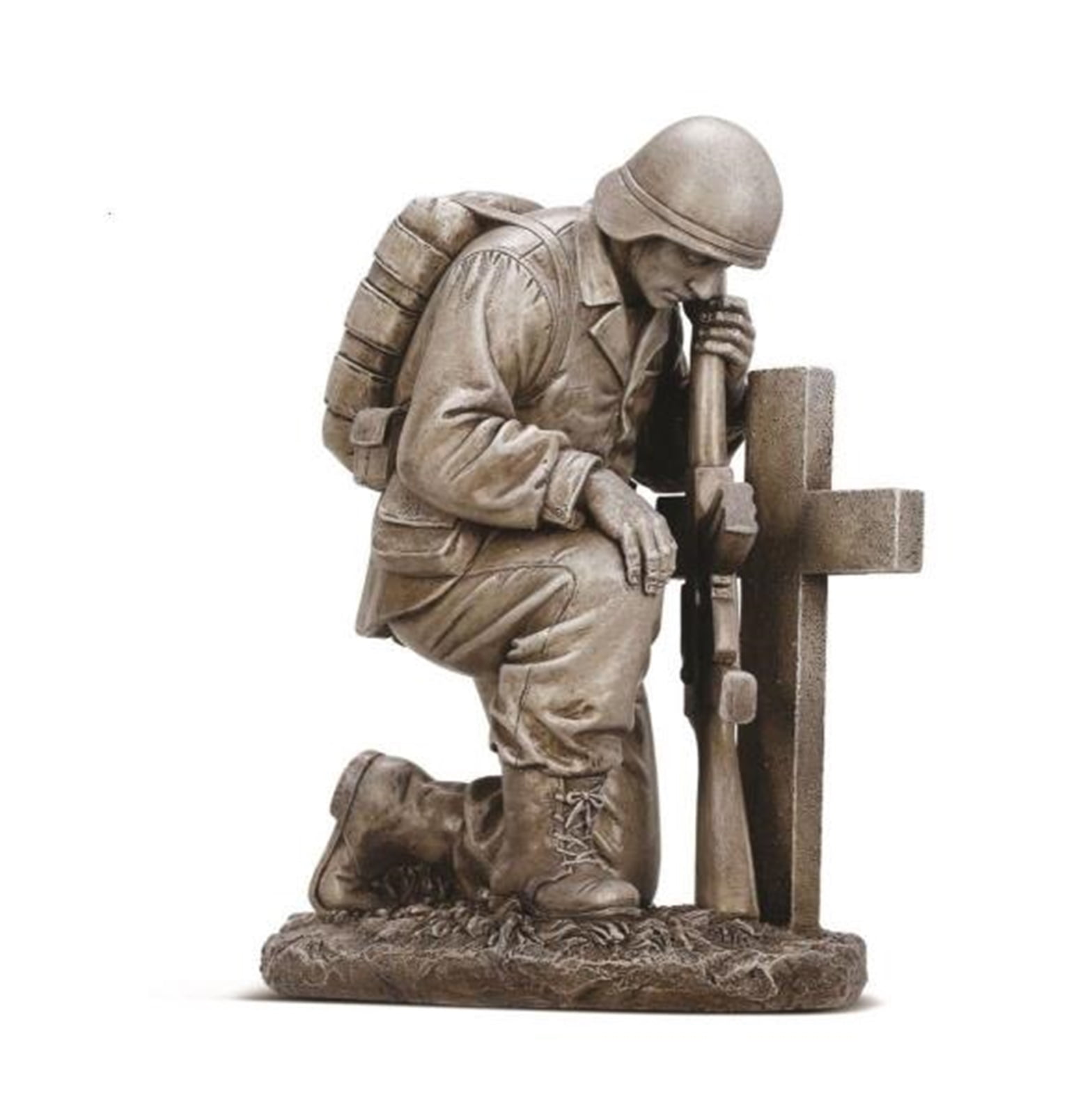 soldier kneeling at cross statue