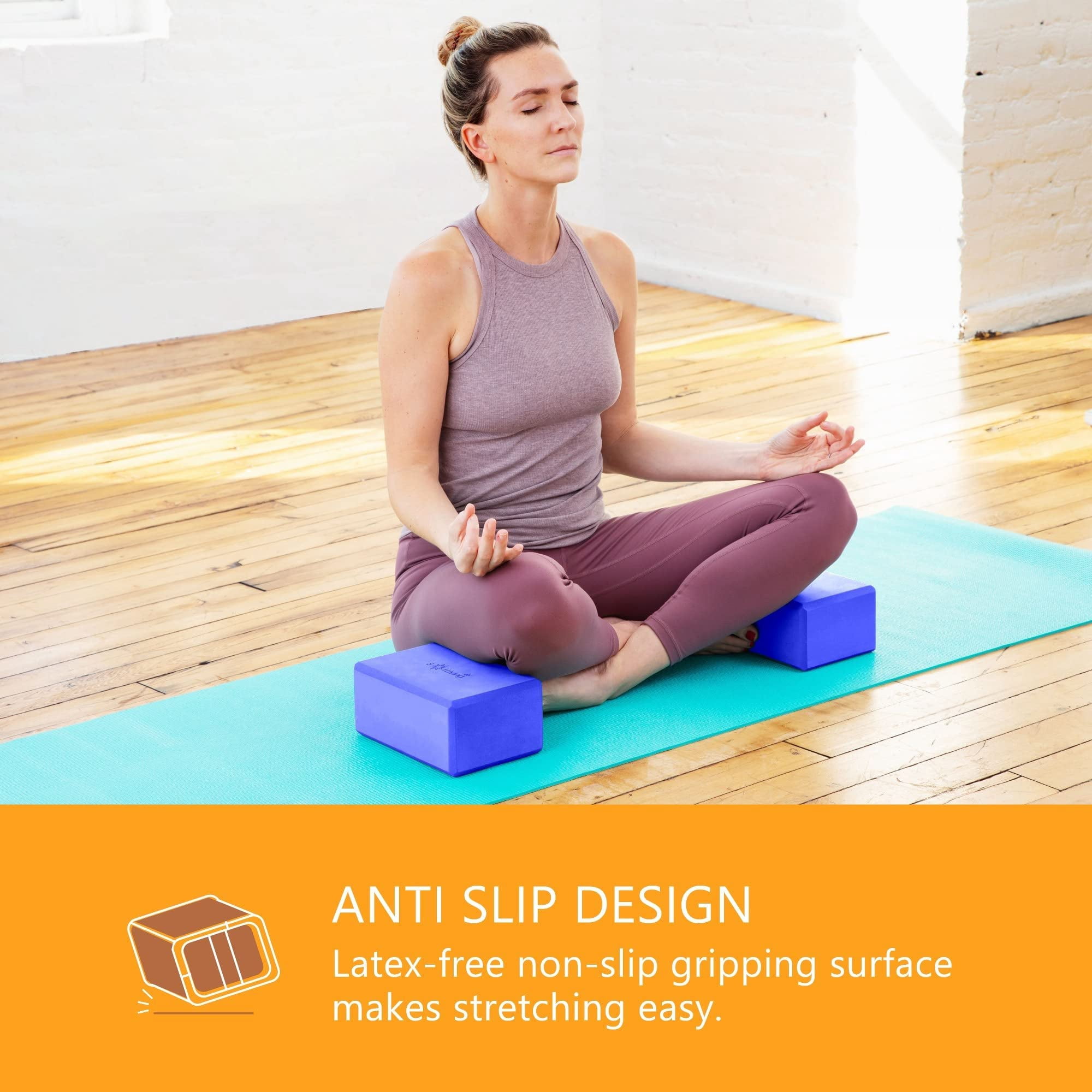 Sol Living Yoga Blocks 2 Pack High Density EVA Foam Yoga Cushion Stretching Pilates Meditation Exercise Equipment Support Deepen Poses Odor Free Non Slip Yoga Accessories - 4" x 6" x 9"- Blue