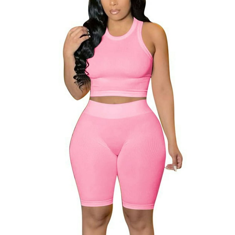 Jyeity Fall New Arrivals Solid Two Piece Outfits Sleeveless Round Neck Tops  Shorts Pants Suit Bodysuits For Women Shorts Pink Size XL(US:10) 