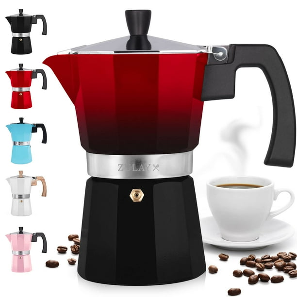 Zulay Kitchen Stovetop Espresso Maker - Moka Pot 3 Tazas De Espresso - Cafetera Percoladora Para Espresso Clásico Estilo Cubano E Italiano - Cafetera Portátil Para Camping Y Viajes - (Rojo/Negro)