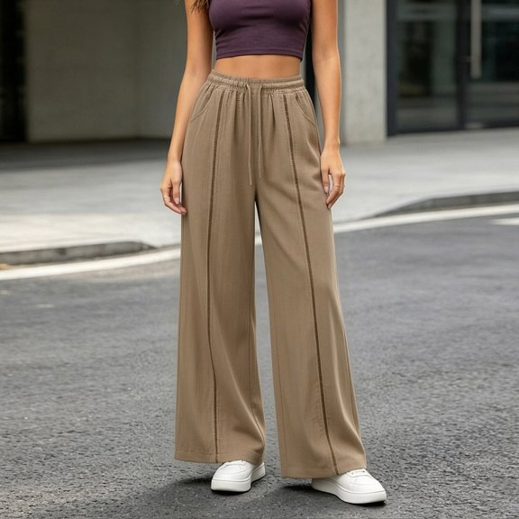 WIZUTIZ Women's High Waist Wide Leg Trousers Elastic Waist Drawstring Side Stripe Pockets Full Length Casual Loose Pants Street Style Elegant