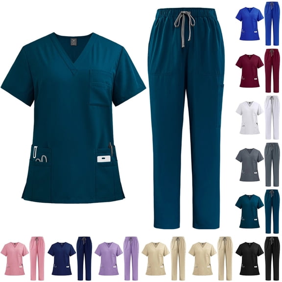 Scrubs Set for Women Nurse Professionals Uniforms Set V Neck Short Sleeve Top & Multi-Pocket Cargo Pants, 4-Way Stretch, #02 Turquoise, L