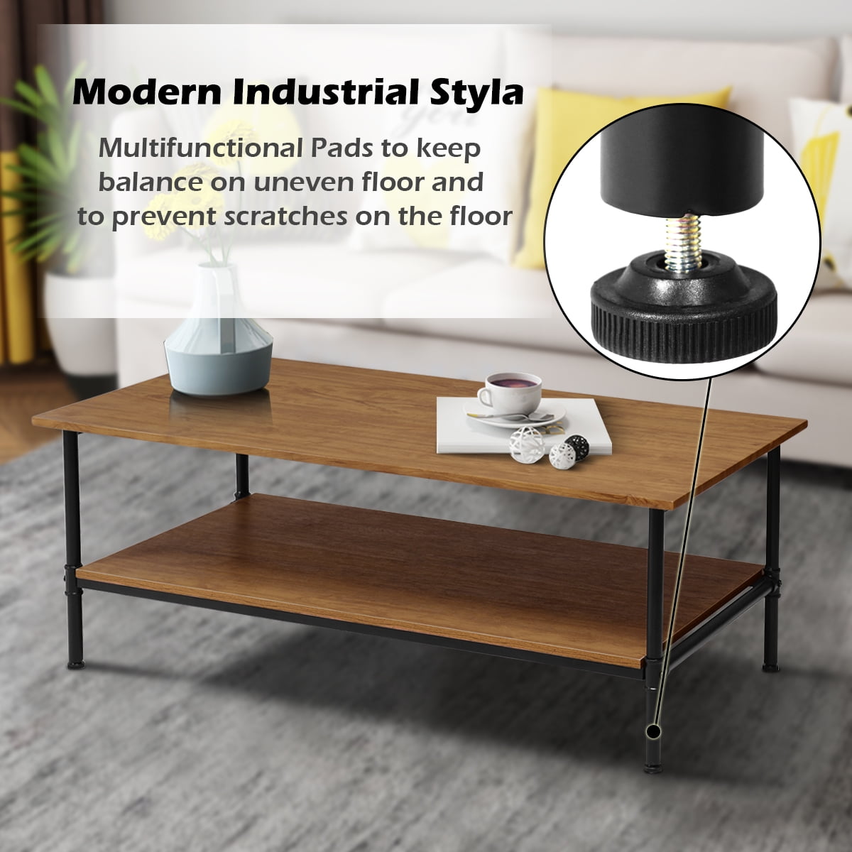 Gymax Rectangle Coffee Table Metal Frame Accent Tail With Storage Shelf