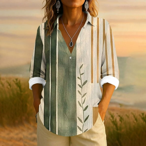 Uootdi Women's Tops Boho Graphic Long Sleeve Shirts Casual V Neck Lapel Button Vintage Gift Floral Printed Henley Blouses Fashio n