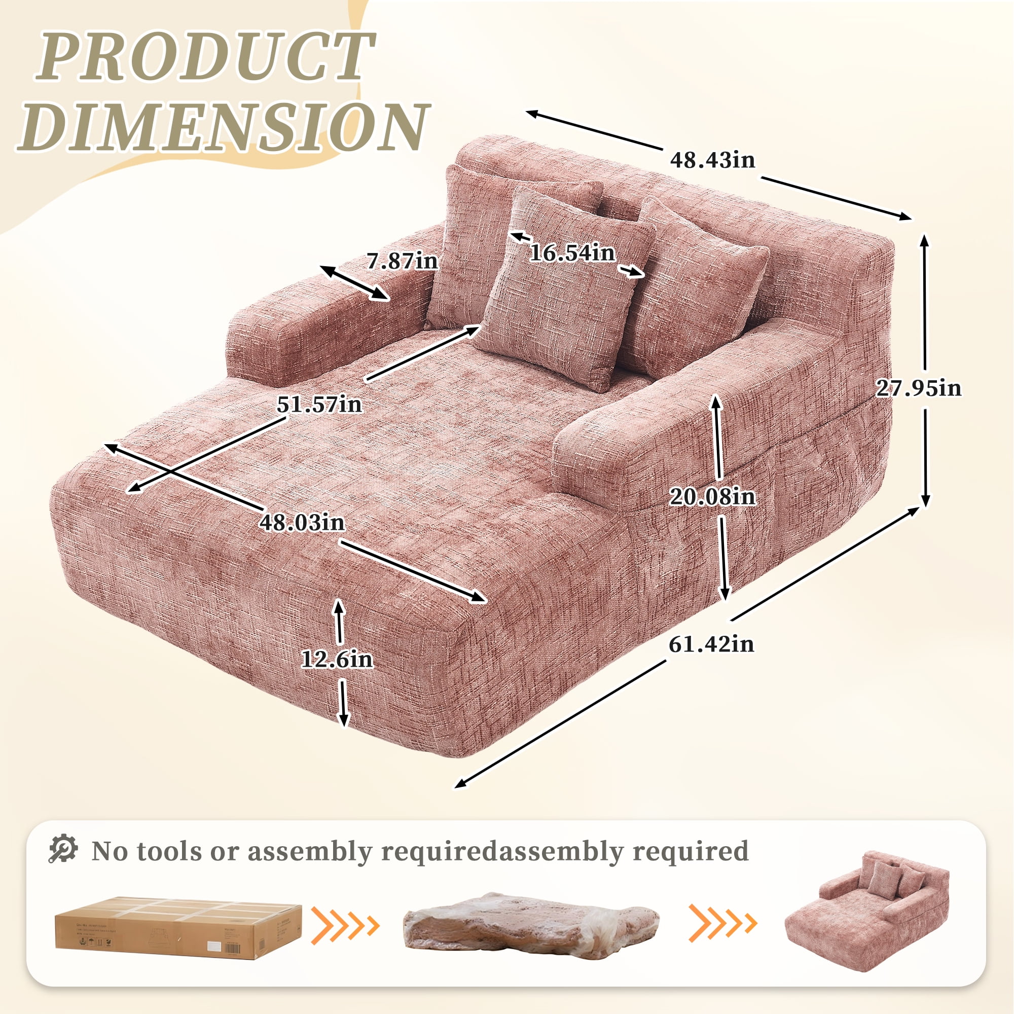 MOONMISS Oversized Chaise Lounge Chair Indoor Furniture, No Assembly Required, Plush Chenille Cloud Floor Sofa Bed for Living Room,Pink