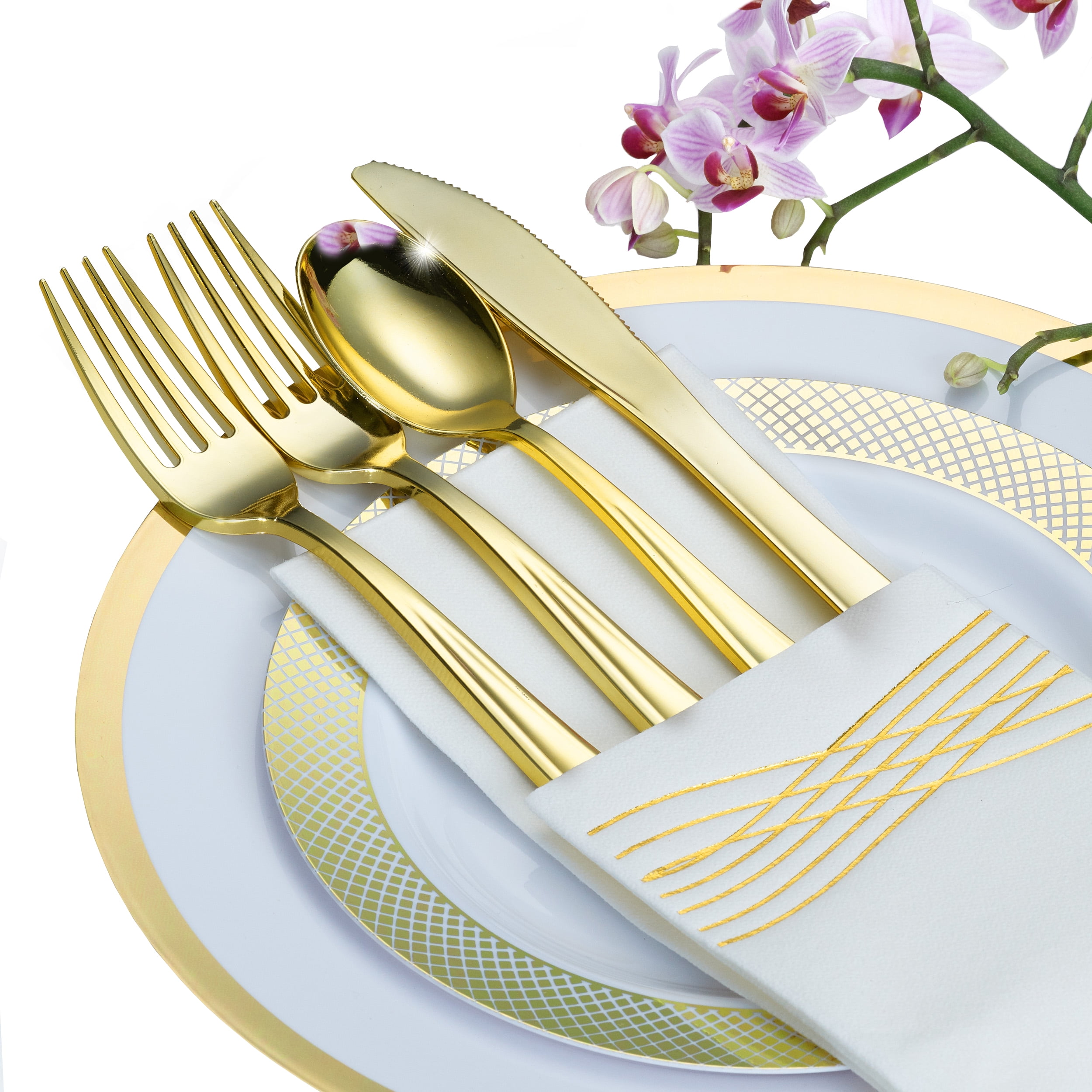 By Madee: (New) Premium 175 Pc Gold Plastic Dinnerware Set - Elegant Disposable Plates Party Plates, Metalic Foil Stamped Linen-feel Napkins, and Plastic Silverware Set For 25 Guests