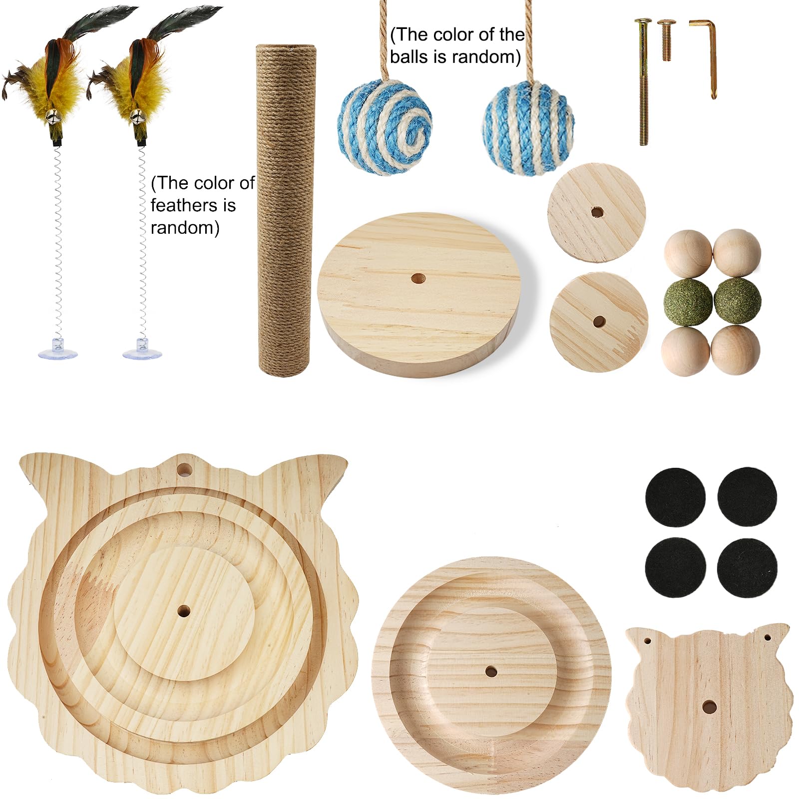 Cat Scratching Post - 4 in 1 Wooden Cat Scratcher Toy, 18" Tall Scratch Post with 2 Level Cat Track Balls, 2 Interactive Feather Toys and 2 Sisal Hanging Balls for Indoor Kittens, Adult Cats, Gifts