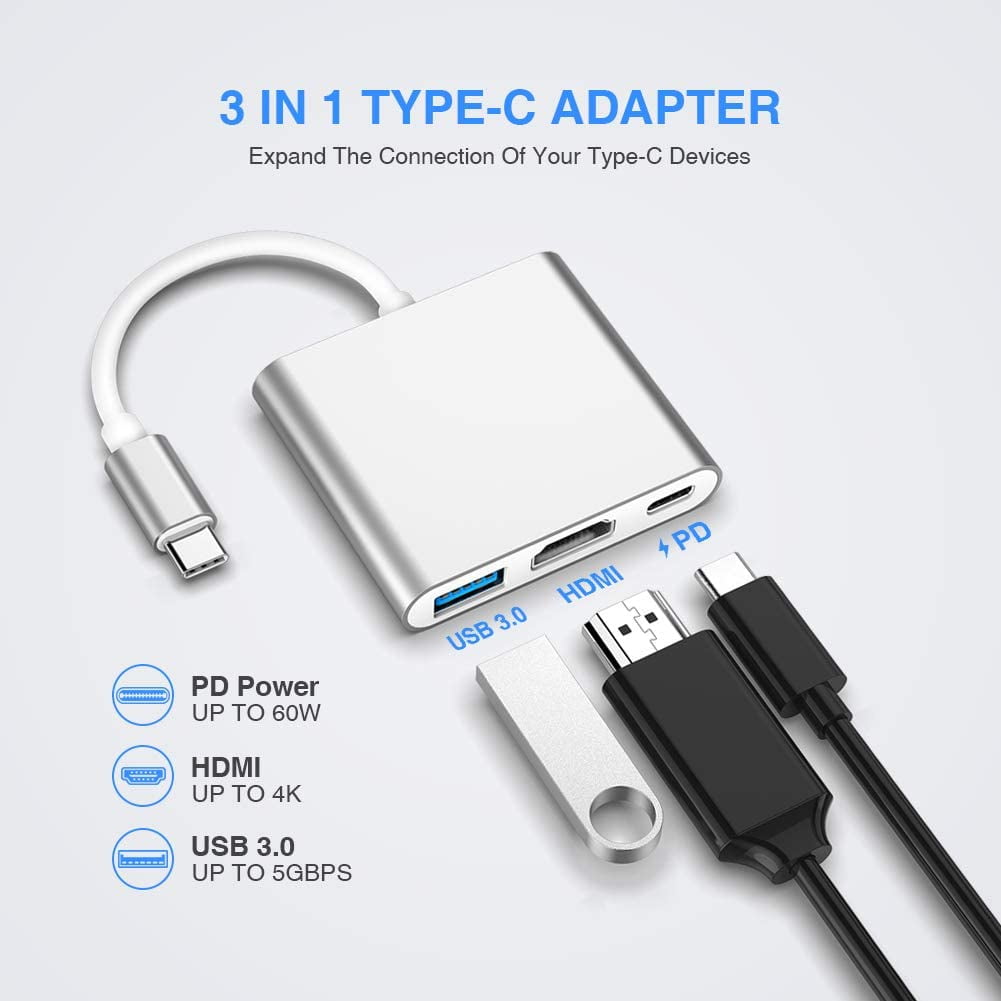 USB C to HDMI Adapter, Type C to 4K HDMI Adapter with 100W PD & USB 3.0 Port Multiport Digital AV Converter for MacBook Pro/air, iPad Pro/air, iPhone 15 and More USB-C Devices (Silver)