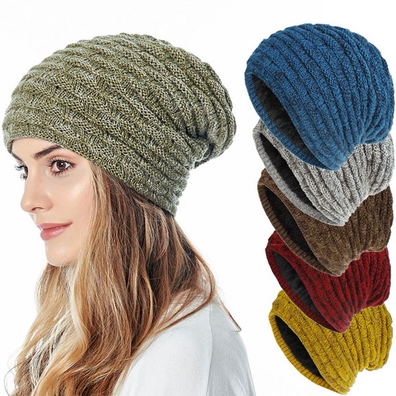 SPRING PARK Womens Warm Autumn Winter Knit Beanie Thick Horizontal Solid Fleece Lined Beanie Hats for Women Men