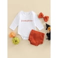 thumbnail image 2 of Conjunto de ropa de Halloween para bebés recién nacidos, niñas y niños, con calabaza, mono de manga larga con estampado de letras, pantalones cortos con volantes y diadema., 2 of 6