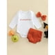 thumbnail image 2 of Conjunto de ropa de Halloween para bebés recién nacidos, niñas y niños, con calabaza, mono de manga larga con estampado de letras, pantalones cortos con volantes y diadema., 2 of 6