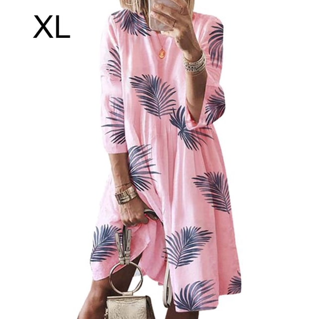 Vestido Mujer Vestido Estampado Vintage Manga 3/4 Paño De Cuello Redondo, Rosa Hoja, XL Scienceny AP002219-36