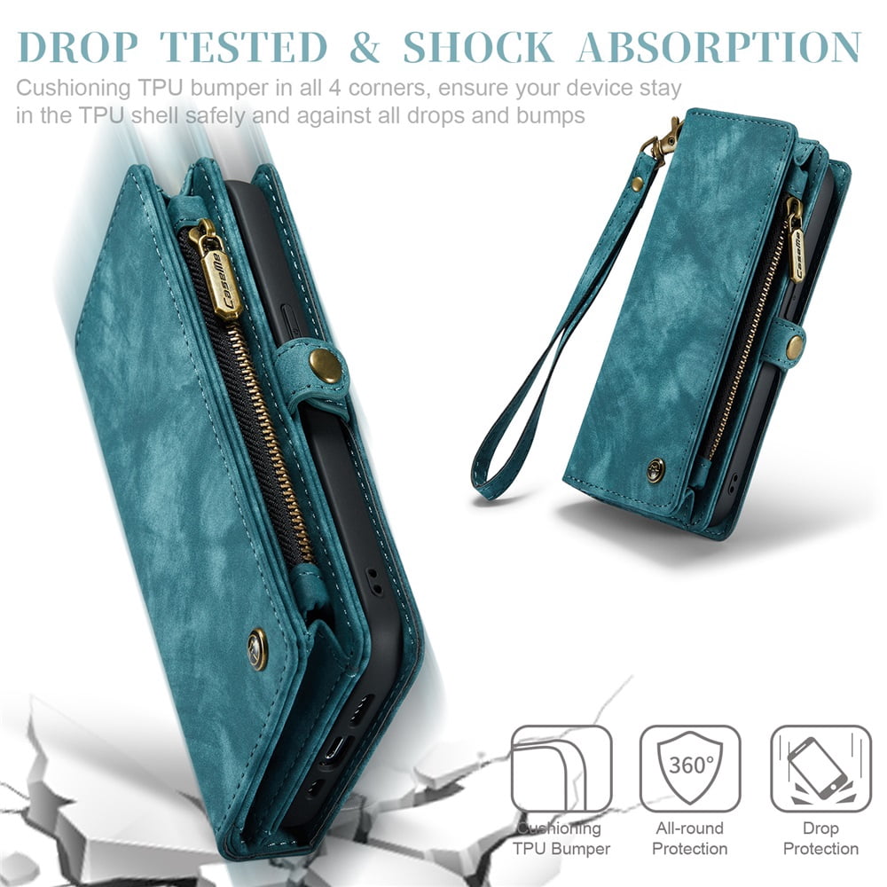 CaseMe Leather Case for iPhone 13,2 in 1 Detachable Wallet Case with 8-Card Holder Zipper Bills Slot,Magnetic Shockproof Flip Leather Cover Zipper Pocket Phone Cases,Blue,For iPhone 13