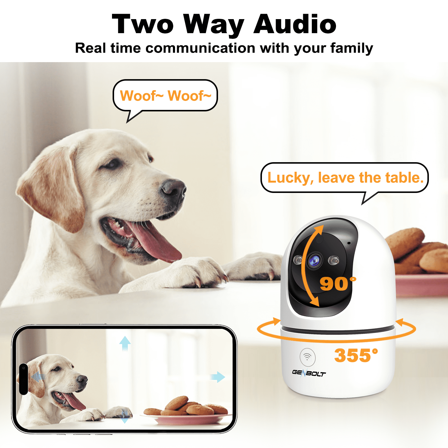 GENBOLT 2K Pet Camera, WiFi Security Camera Indoor,Home Surveillance IP Camera CCTV with Humanoid Detection, Auto Cruise Dog Cam with Audio Alarm