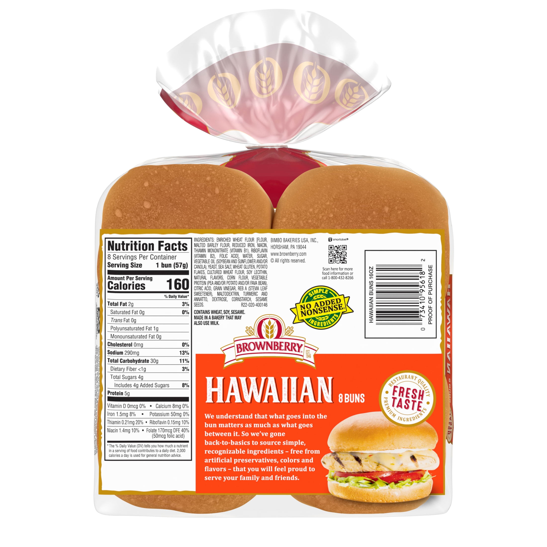 Brownberry Hawaiian Buns, 8 count, Sweet Hamburger Buns, 16 oz Bag
